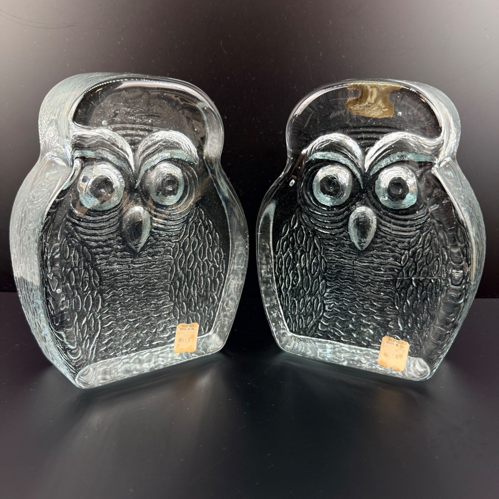 Blenko 6813 Owl Bookends Joel Philip Myers Handcrafted Glass Pair UV Glow 7 inch